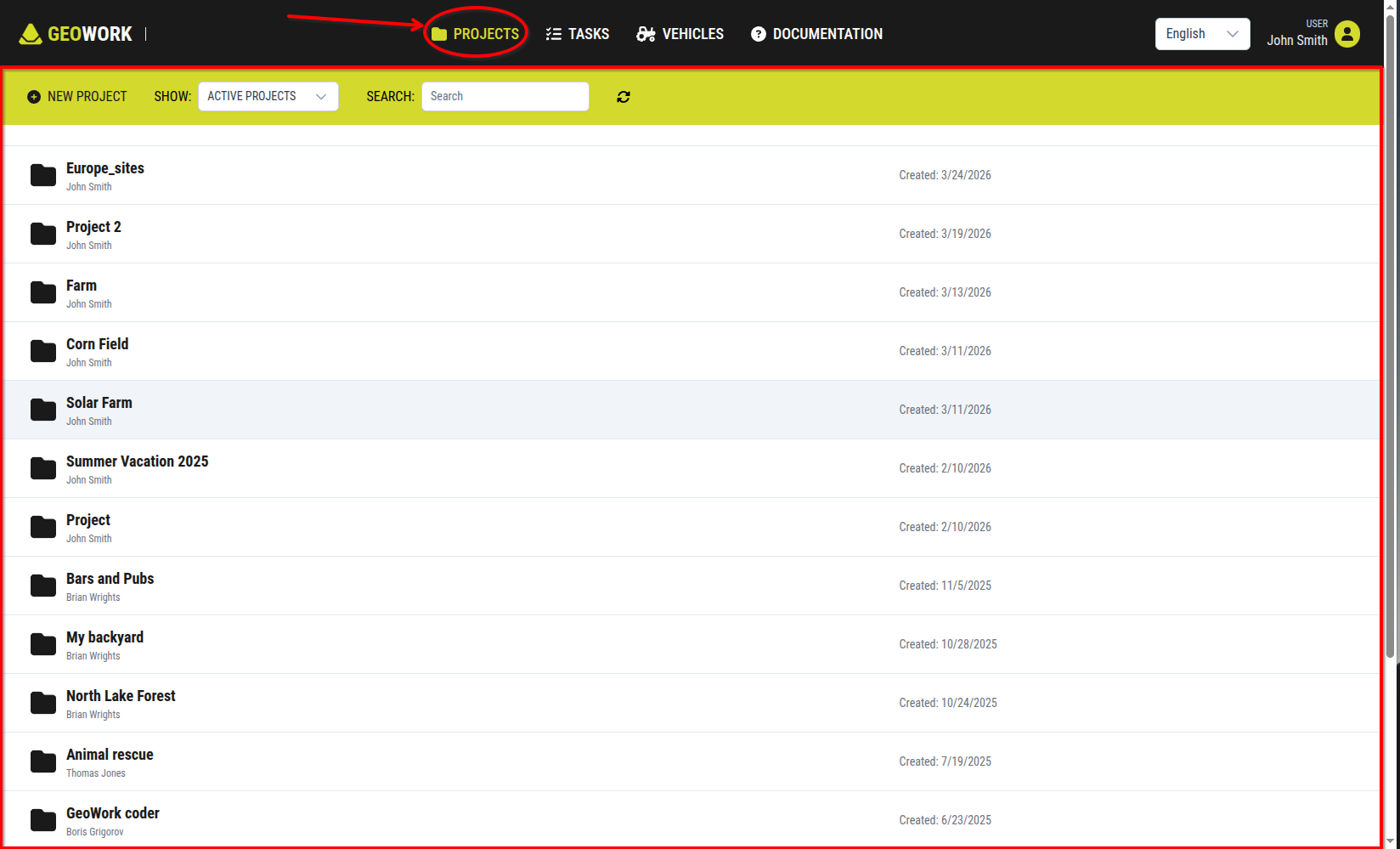 Projects tab