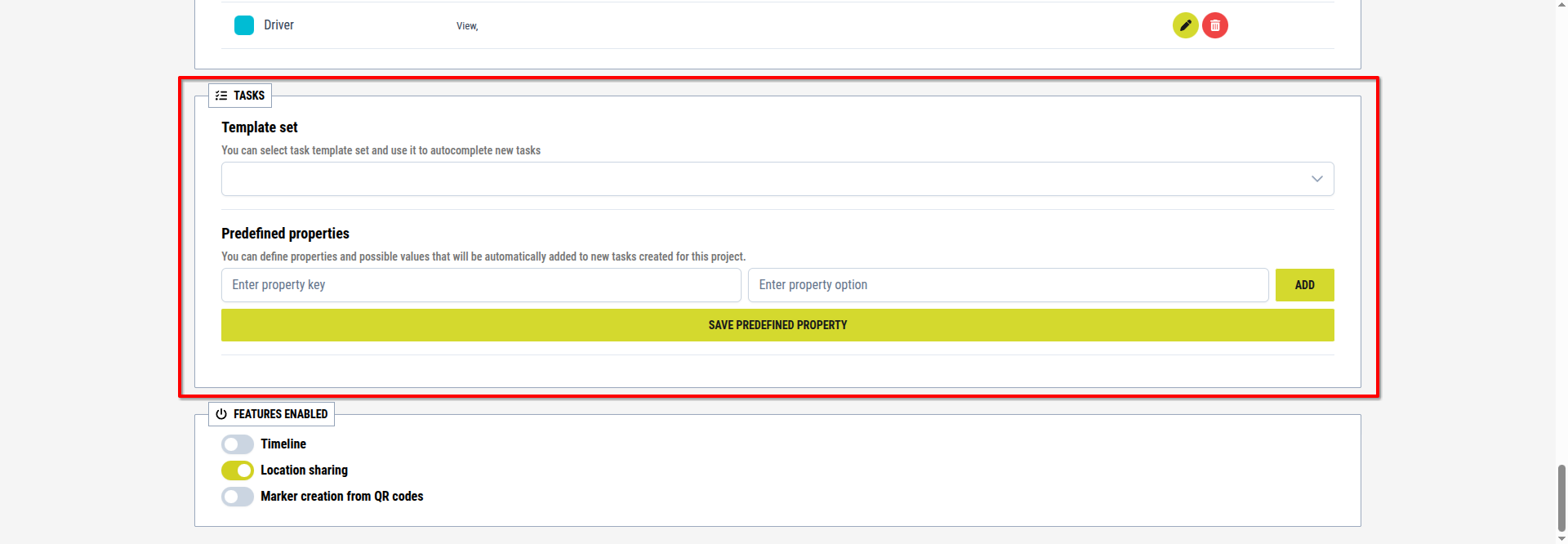 Tasks settings